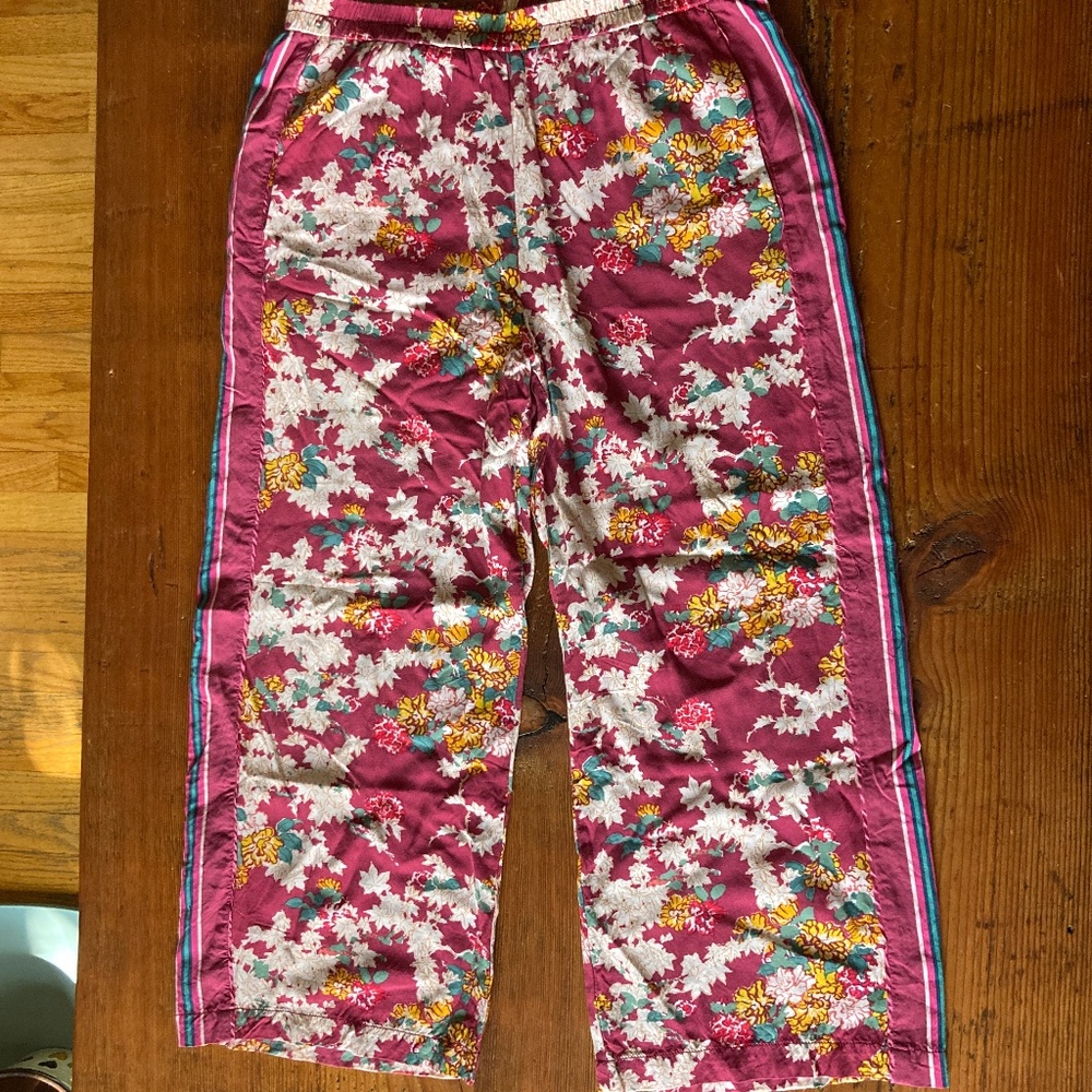 Anthropologie Floral Rayon Crop Flowy Wide Leg Pants Ettiwa Size S Pink & White